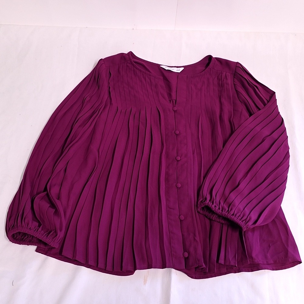 Nine West Pleated Blouse Women Small Purple Long Sleeve Button Front V-Neck